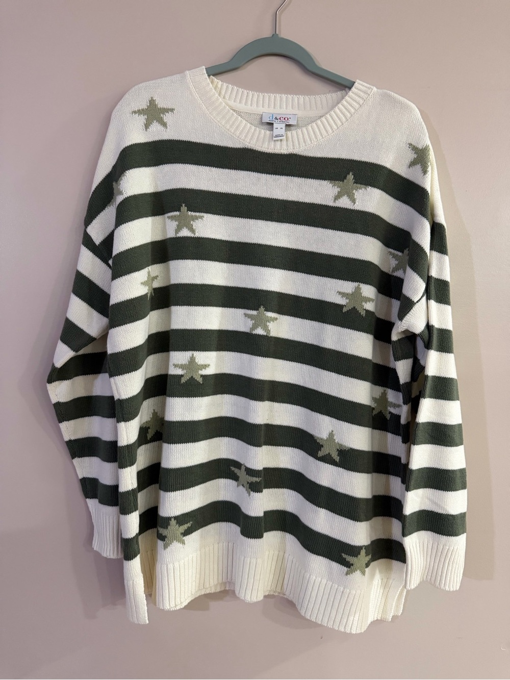 Denim&Co Olive Green and White Striped Star Crewneck Sweater